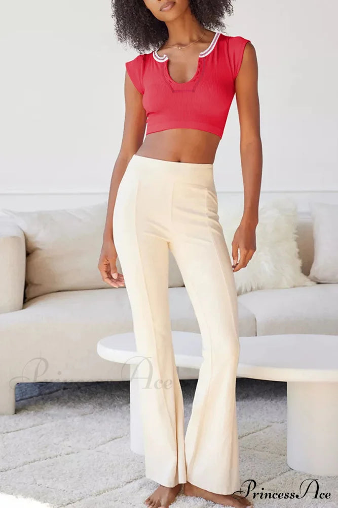 Patchwork Neck U Solid T-Shirt Tops/Tees & T-Shirts