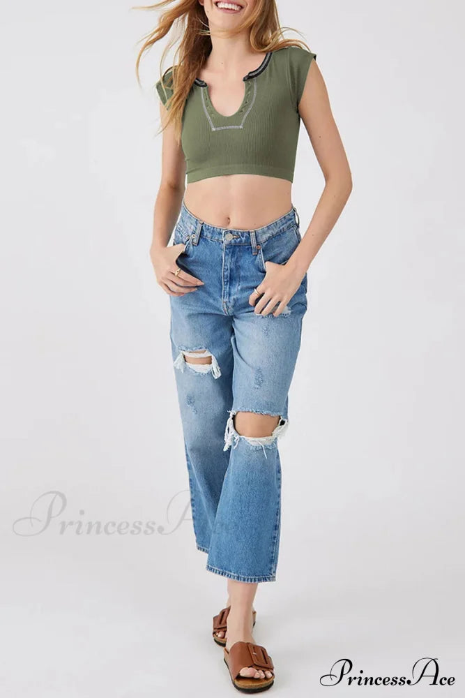 Patchwork Neck U Solid T-Shirt Tops/Tees & T-Shirts