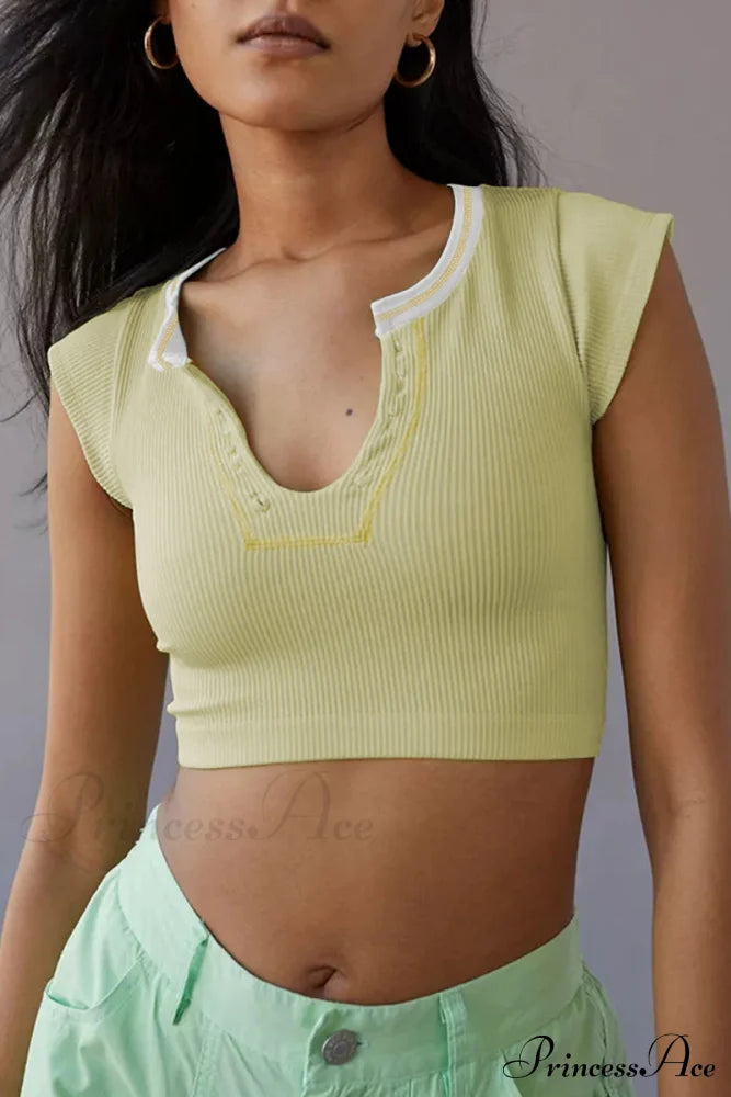 Patchwork Neck U Solid T-Shirt Tops/Tees & T-Shirts