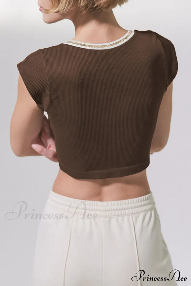 Patchwork Neck U Solid T-Shirt Tops/Tees & T-Shirts