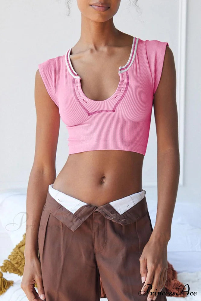 Patchwork Neck U Solid T-Shirt Tops/Tees & T-Shirts