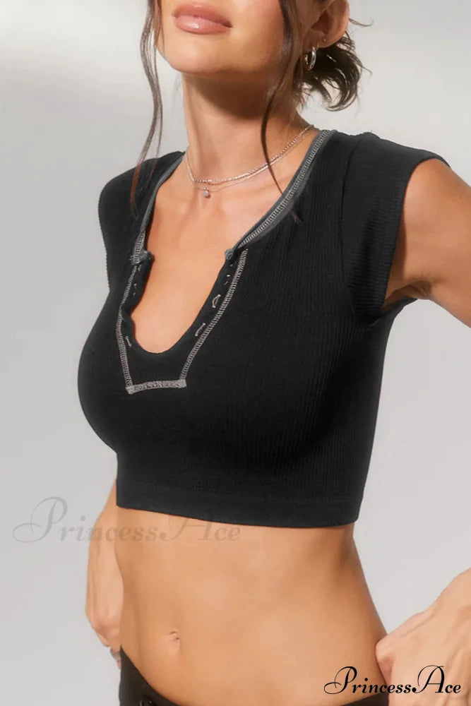 Patchwork Neck U Solid T-Shirt Tops/Tees & T-Shirts