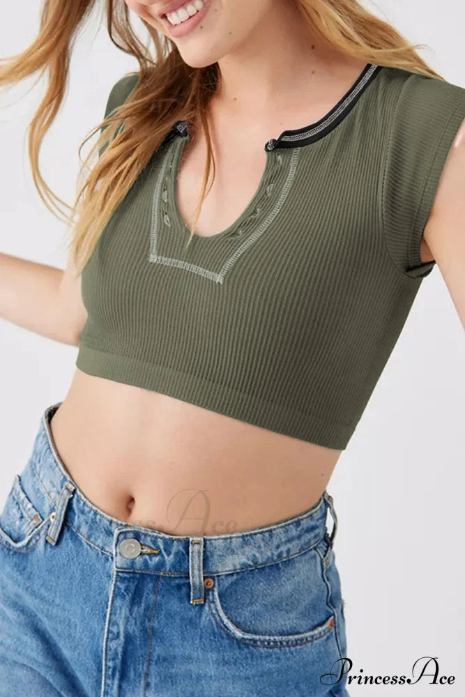 Patchwork Neck U Solid T-Shirt Tops/Tees & T-Shirts