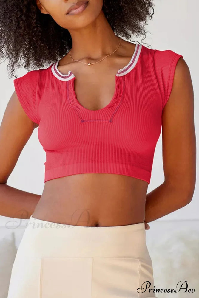 Patchwork Neck U Solid T-Shirt Tops/Tees & T-Shirts