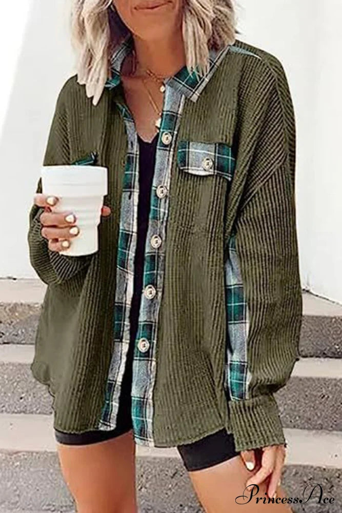 Patchwork Plaid Blouse With Irregular Hem Army Green / S Blouses