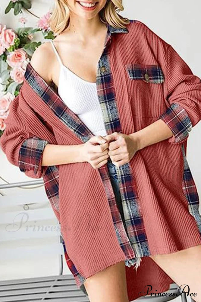Patchwork Plaid Blouse With Irregular Hem Brick Red / S Blouses