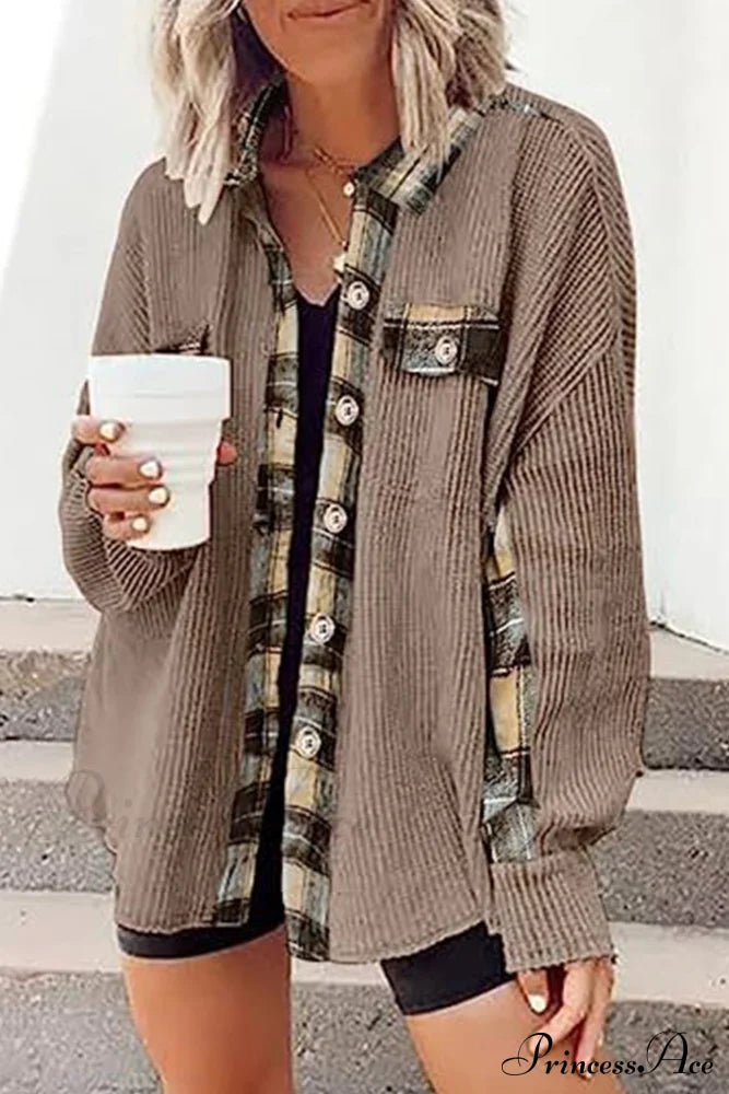 Patchwork Plaid Blouse With Irregular Hem Camel / S Blouses