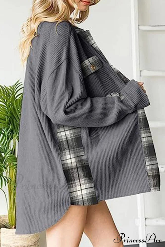 Patchwork Plaid Blouse With Irregular Hem Grey / Xl Blouses