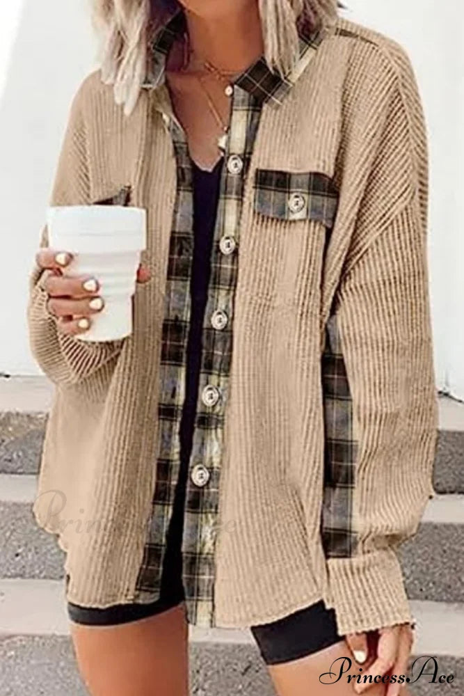 Patchwork Plaid Blouse With Irregular Hem Khaki / 2Xl Blouses