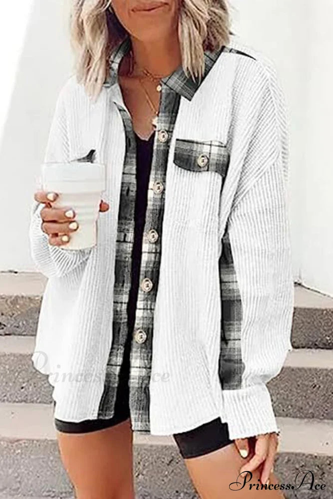 Patchwork Plaid Blouse With Irregular Hem White / S Blouses