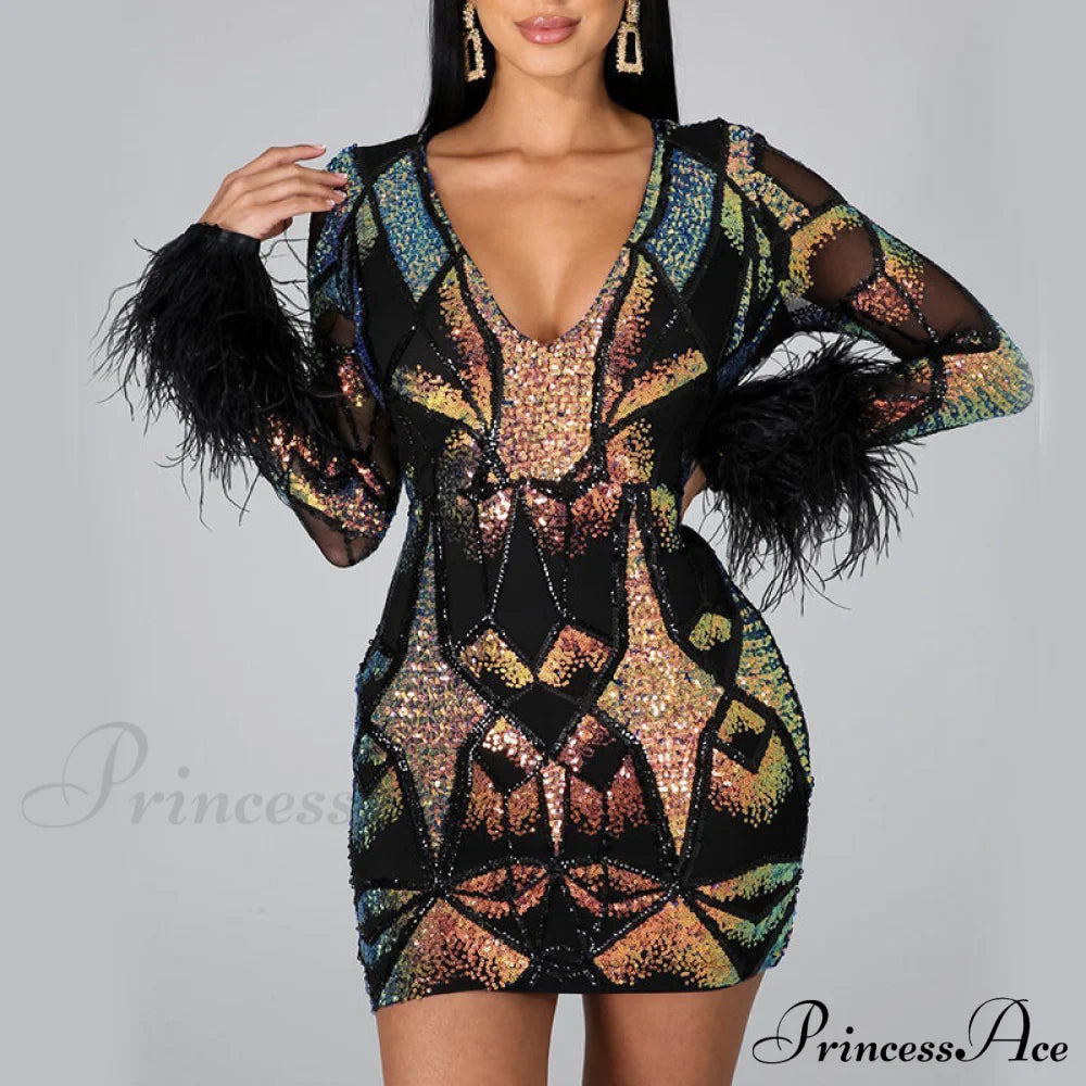 Patchwork Print Skinny Ostrich Feather Sequins Party Dress L / Black Dresses