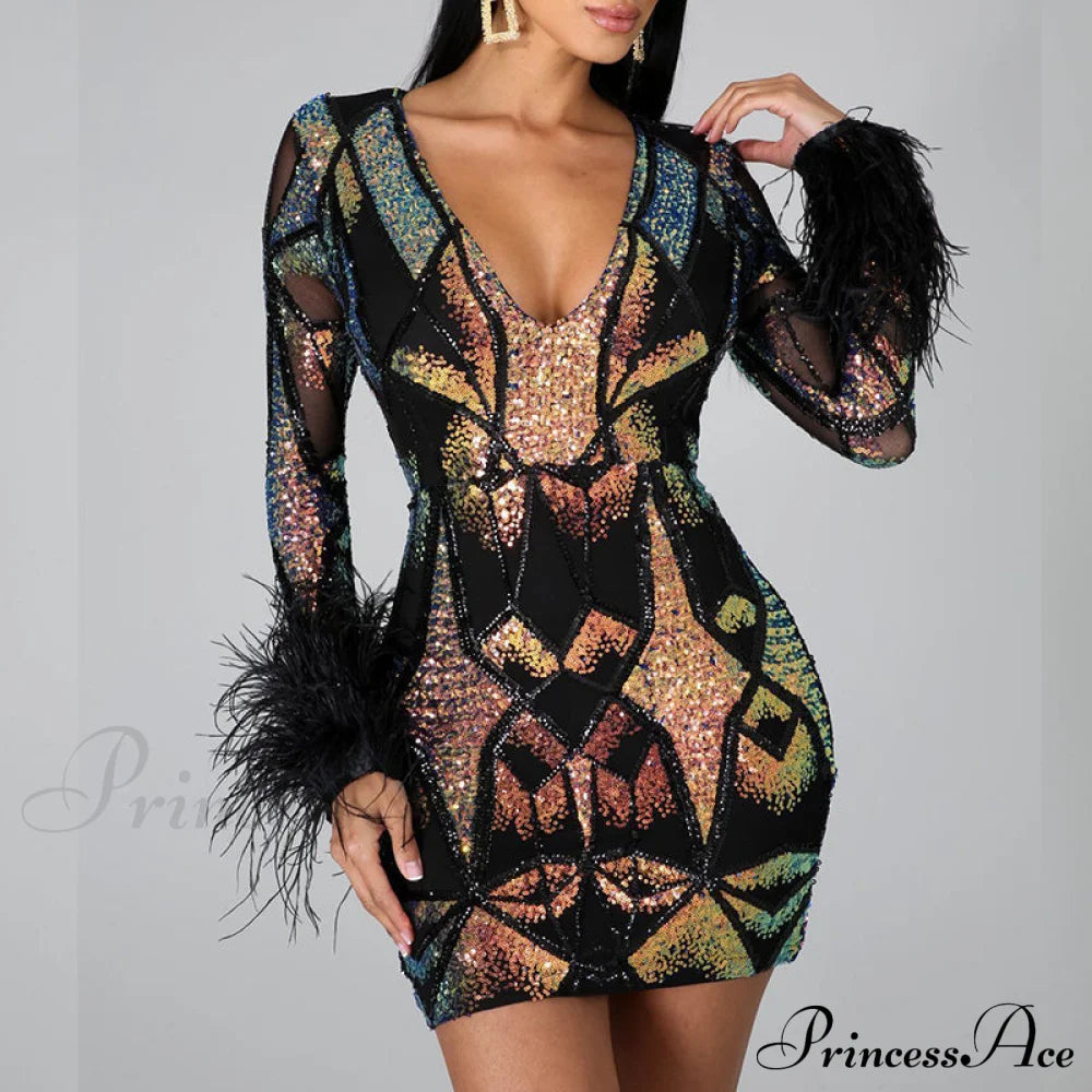 Patchwork Print Skinny Ostrich Feather Sequins Party Dress S / White Dresses