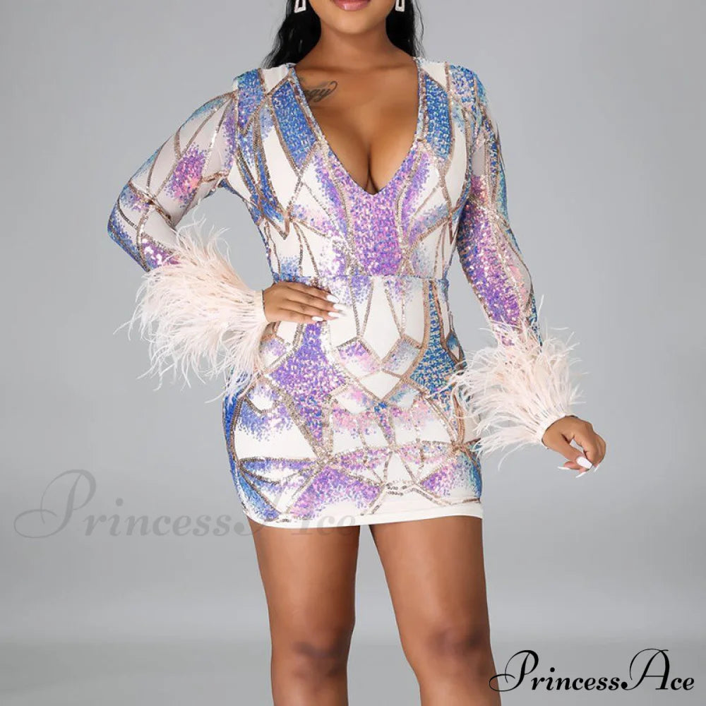 Patchwork Print Skinny Ostrich Feather Sequins Party Dress Xl / Black Dresses