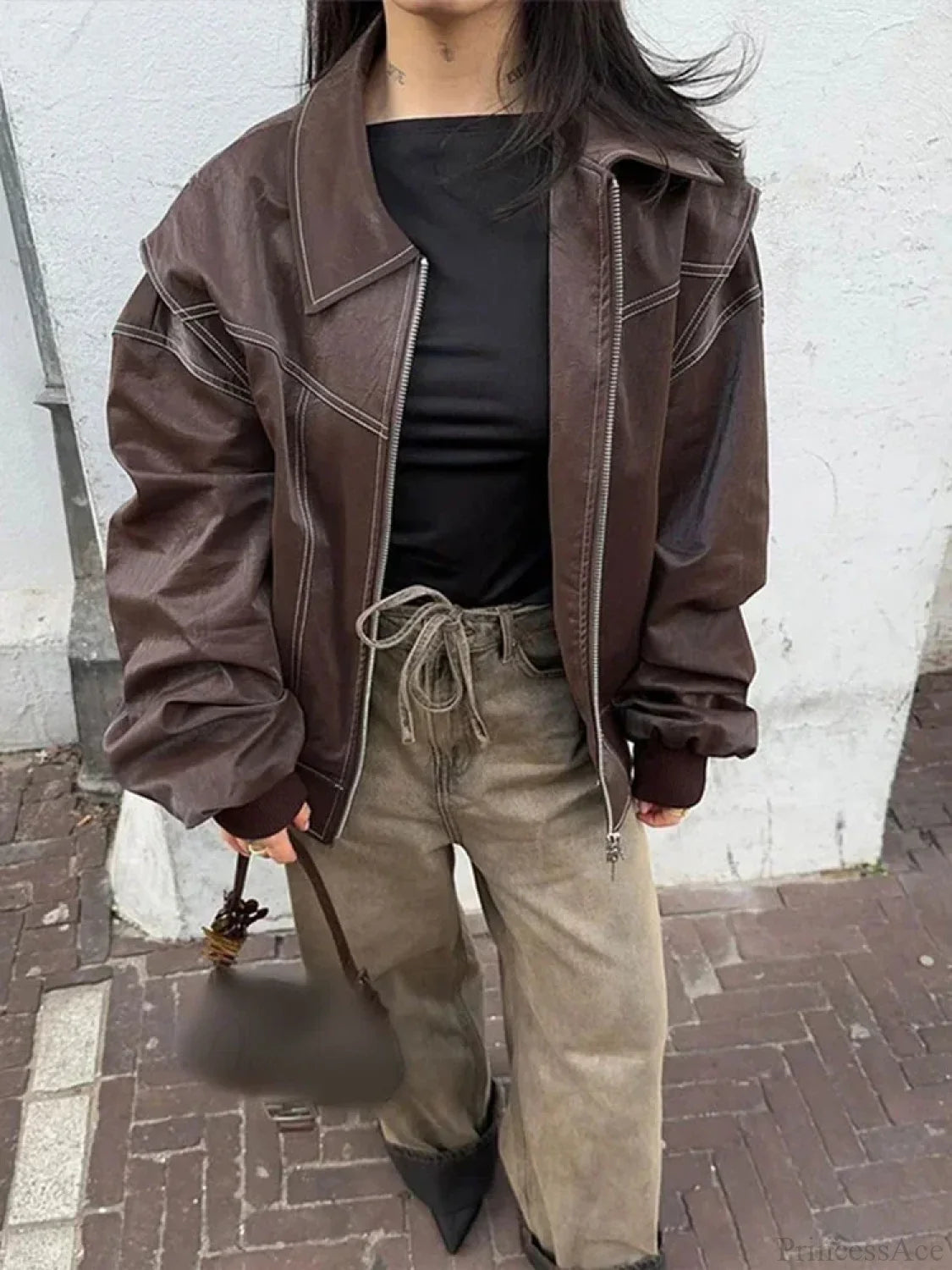 Patchwork PU Leather Short Coat