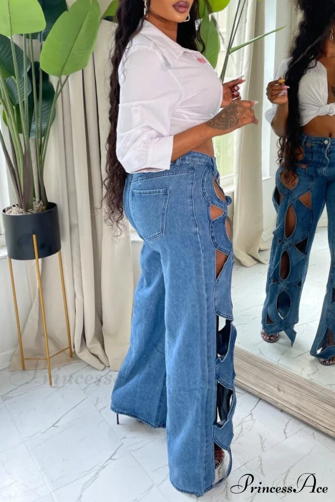 Patchwork Solid High Denim Waist Jeans Denim/Jeans