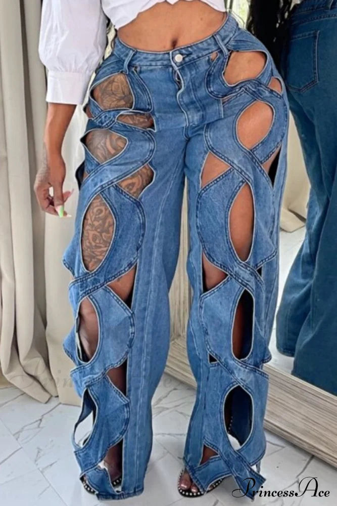 Patchwork Solid High Denim Waist Jeans Blue / S Denim/Jeans