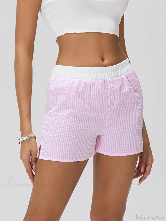 Patchwork Striped Elastic Waist Short Pink / S short-250223