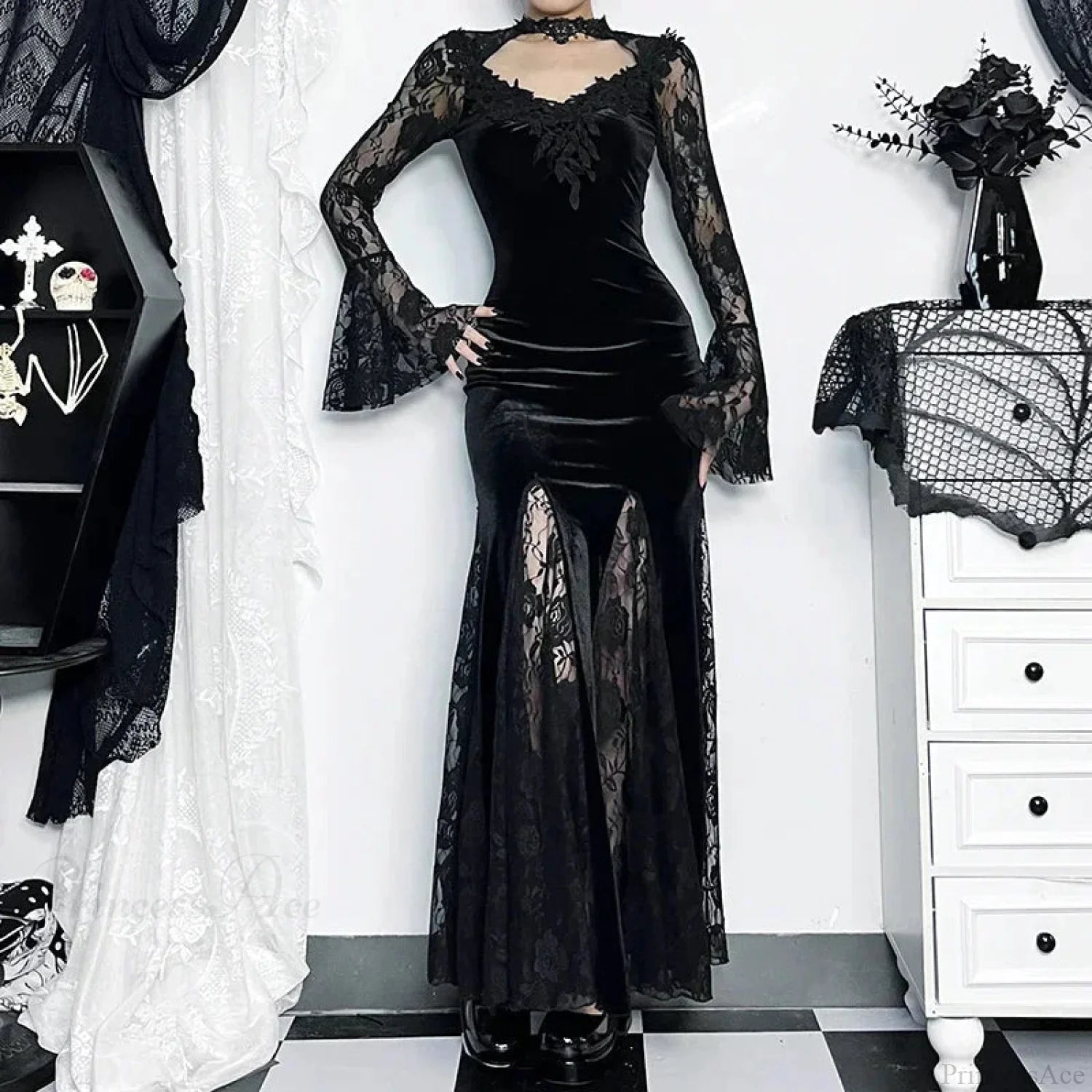 Patchwork Velvet Long Sleeve Midi Dress