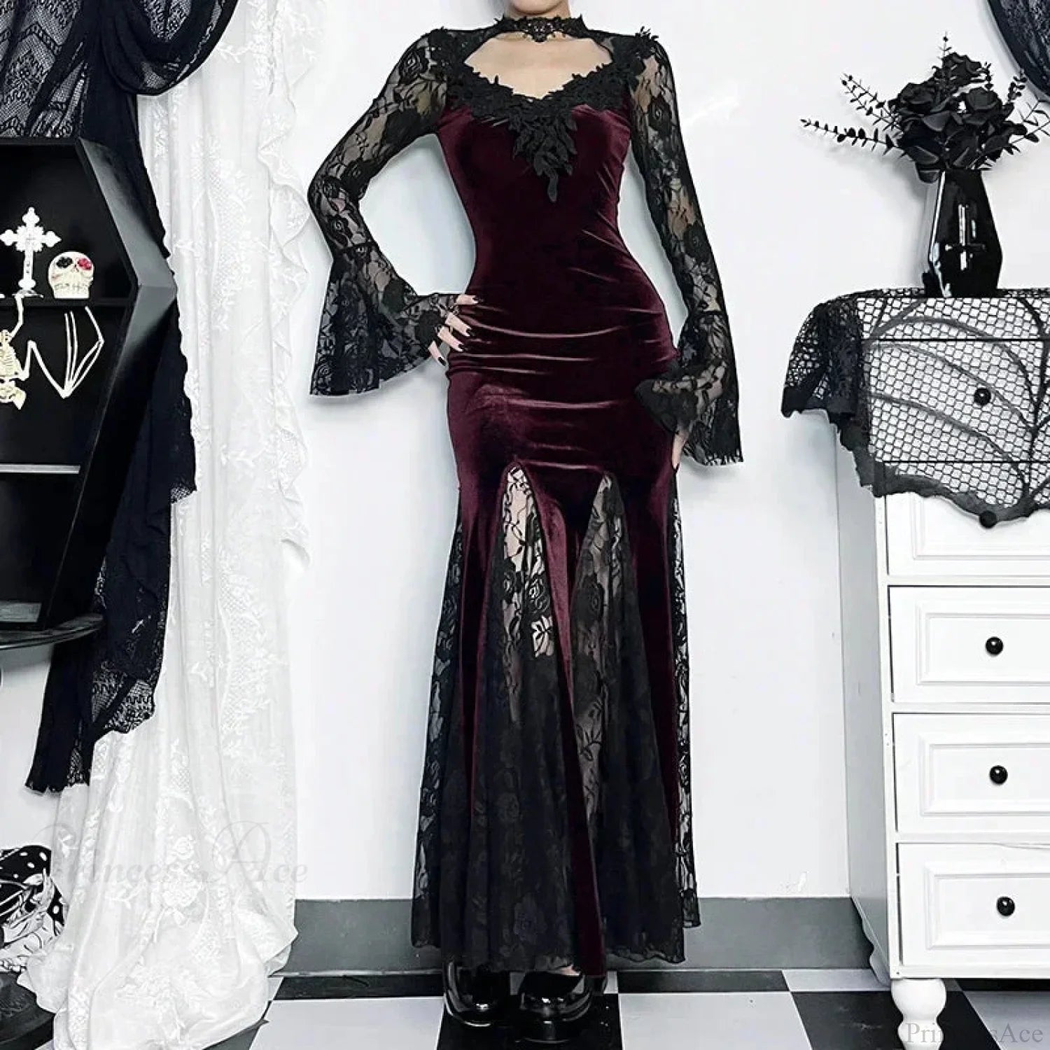 Patchwork Velvet Long Sleeve Midi Dress