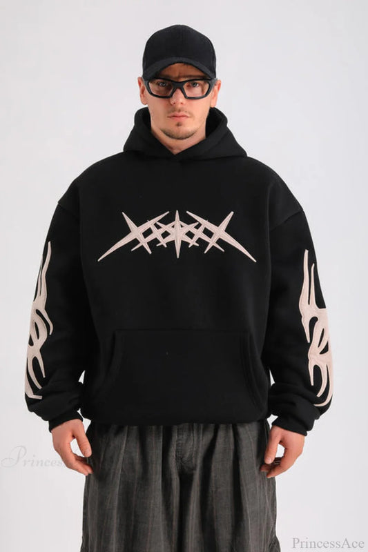 Pattern Patch Pullover Hoodie BLACK / M