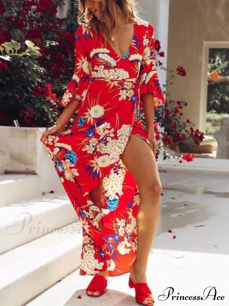 Patterned Bohemia Gown With And Flared Sleeves Wrap M / White Dresses