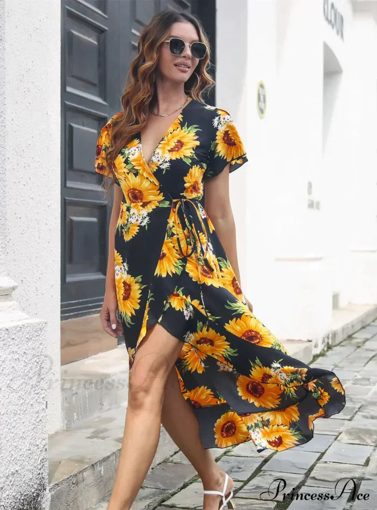 Patterned Flounce Bohemian Festive Dress S / Green Dresses