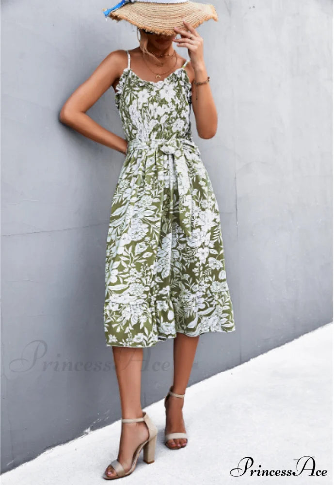 Patterned Sling Strap Flounce Dress Xl / Green