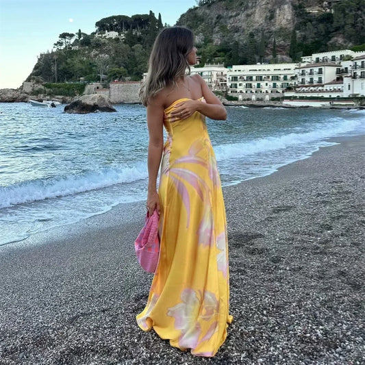 PB&ZA Satin Printed Strapless Vacation Dress Yellow / S vacationdress-250223