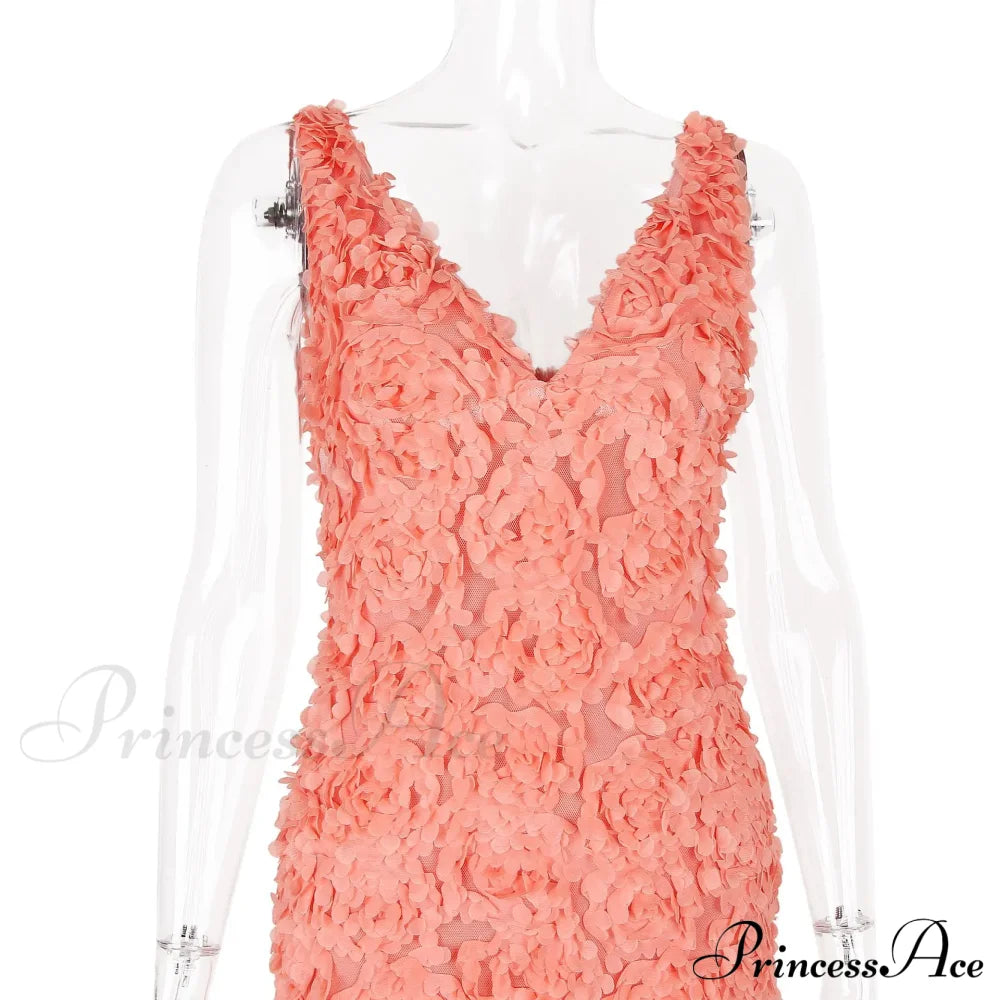 Peach Flowers Textured Charming V-Neck Mini Dress