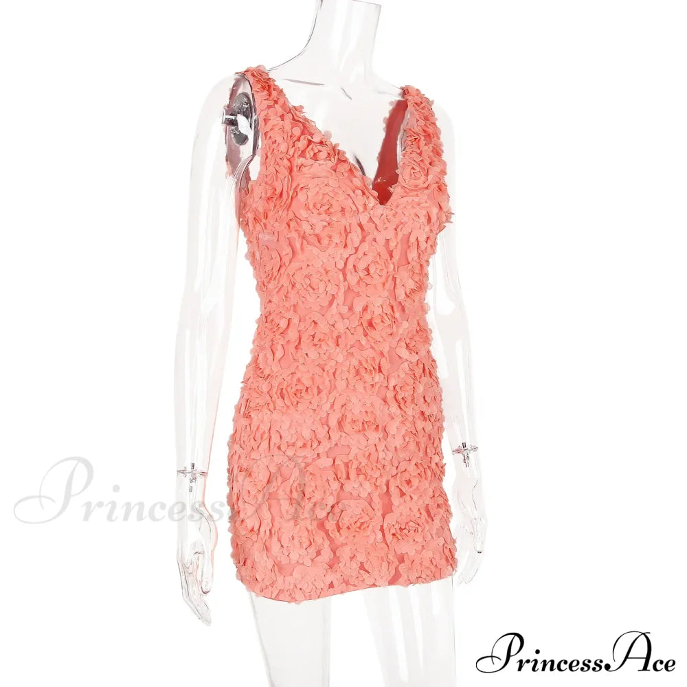 Peach Flowers Textured Charming V-Neck Mini Dress