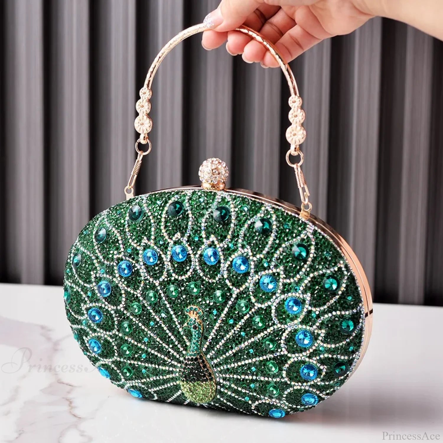 Peacock Pattern Diamond Evening Rhinestone Shoulder Clutch Bag Green clutchbag-250126