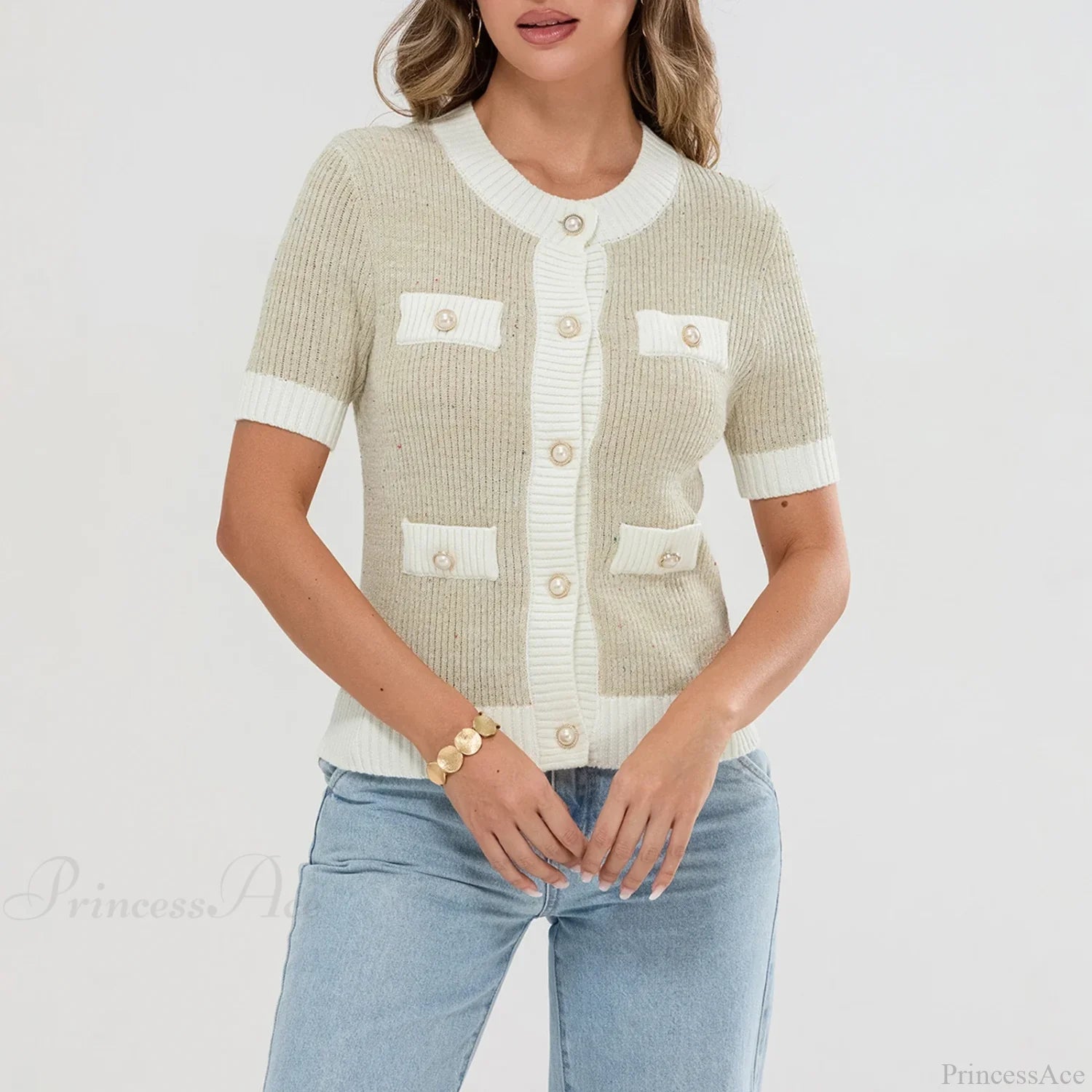 Pearl Button Short Sleeve Cardigan Cardigan-241208