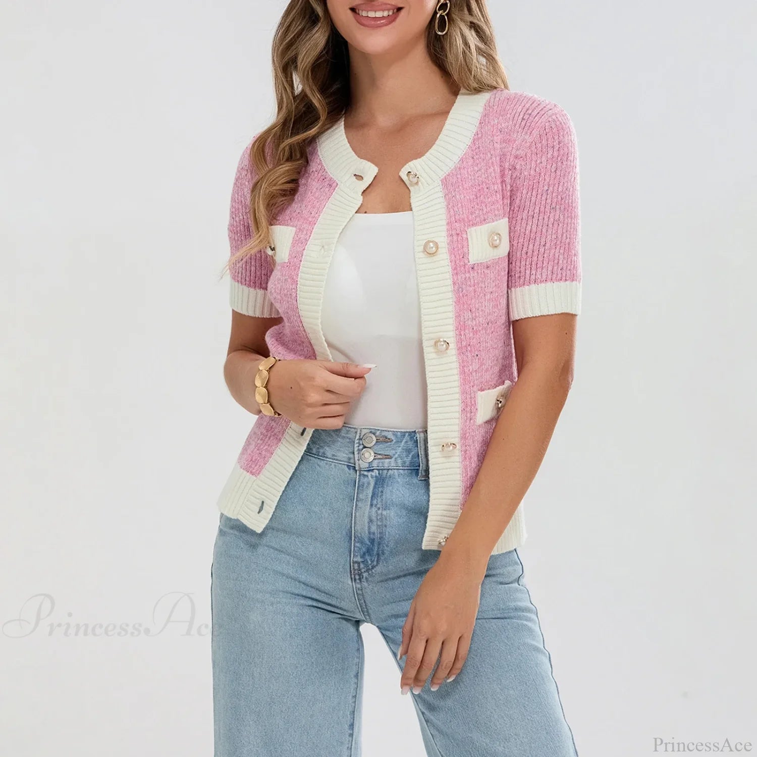 Pearl Button Short Sleeve Cardigan Cardigan-241208