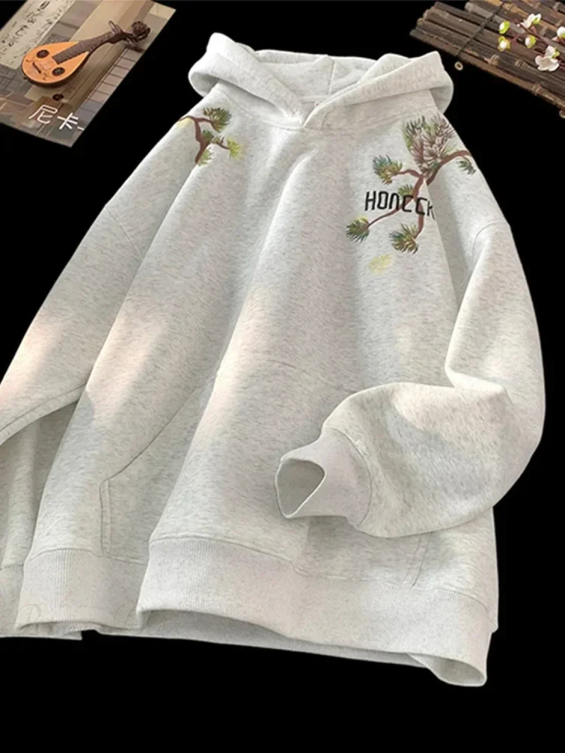 Pine Print Y2K Vintage Oversize Hoodie GRAY / M(40-45KG)