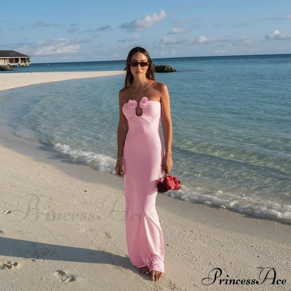 Pink 3D Floral-Applique Charming Strapless Maxi Dress Long