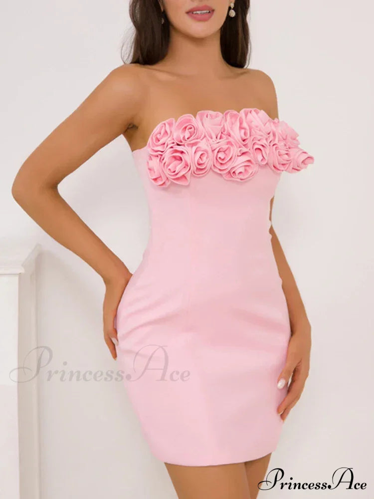 Pink 3D Flowers Charming Sleeveless Mini Dress