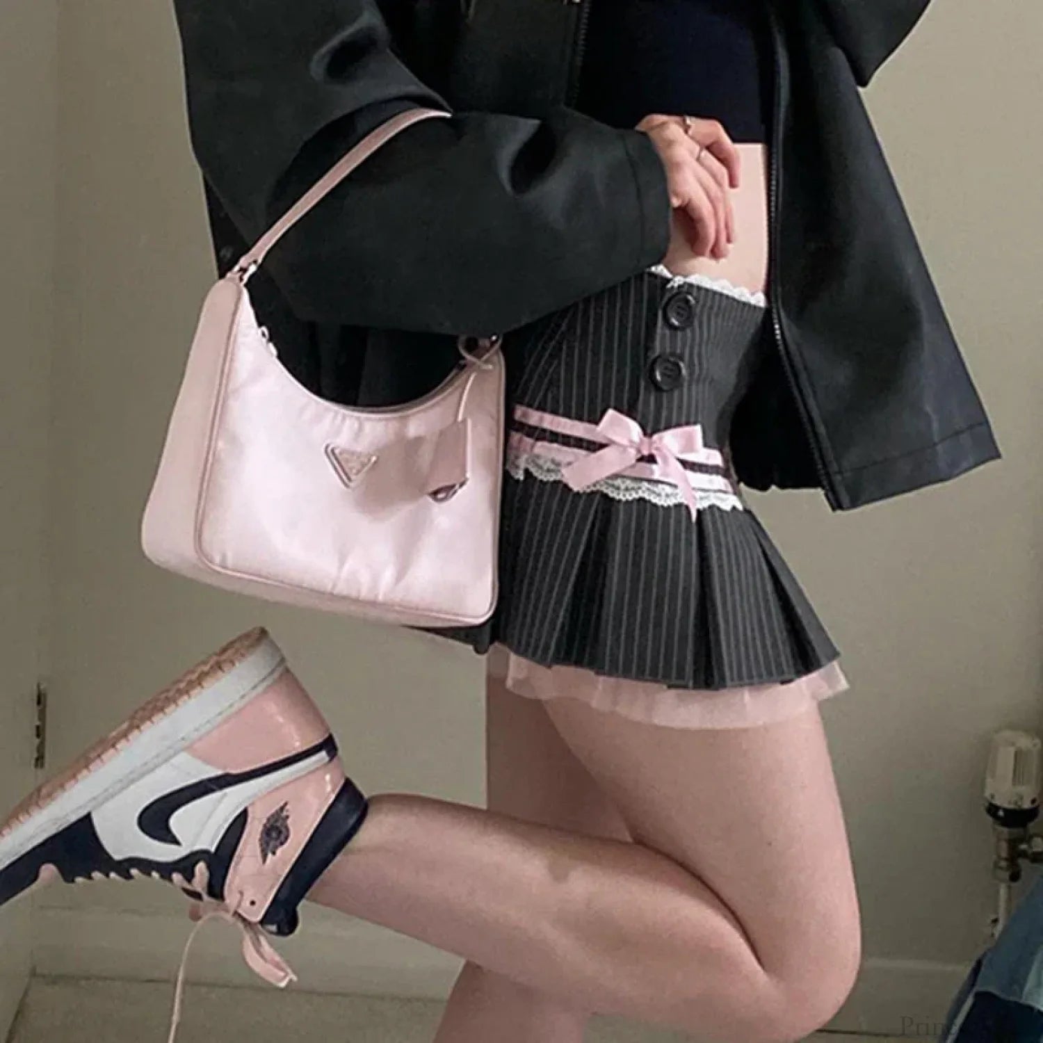 Pink Bow Stitched Pleated Skirt skirts-250223