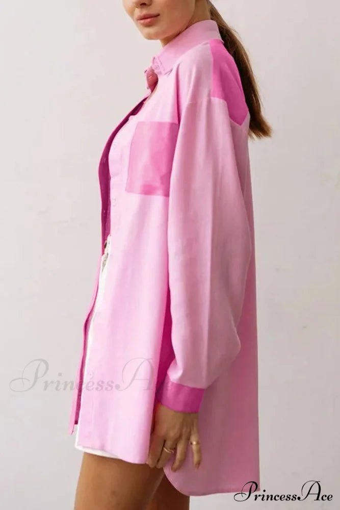 Pink Button-Up Long Sleeve Blouse With Lapel Pocket Blouses