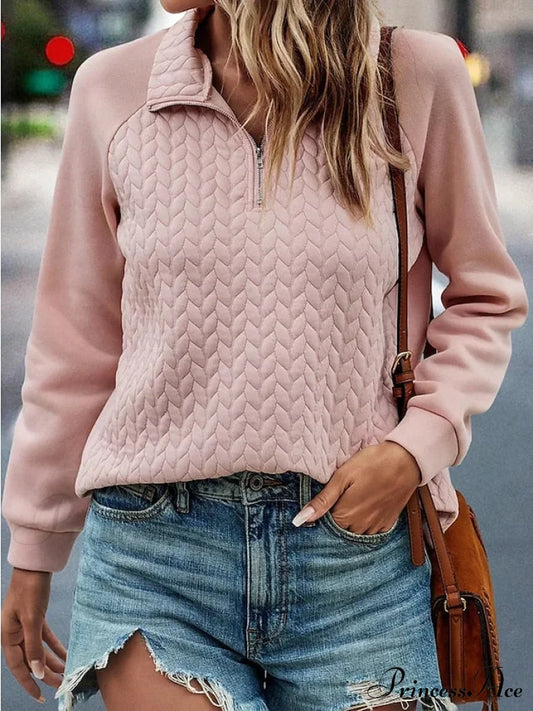 Pink Casual V Quarter Pullover Long Zip Women’s Arm Sweatshirt Neck Top / S