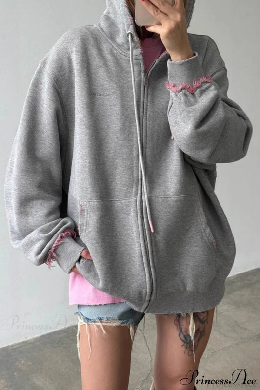 Pink Distressed Zip Loose Hoodie Grey / S
