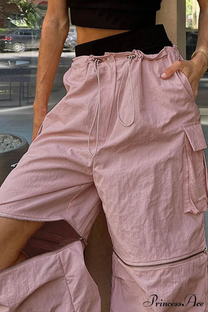 Pink Drawstring Zipper Cargo Pants