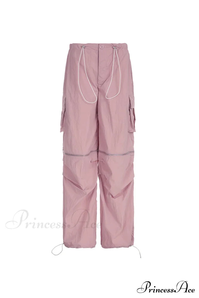 Pink Drawstring Zipper Cargo Pants