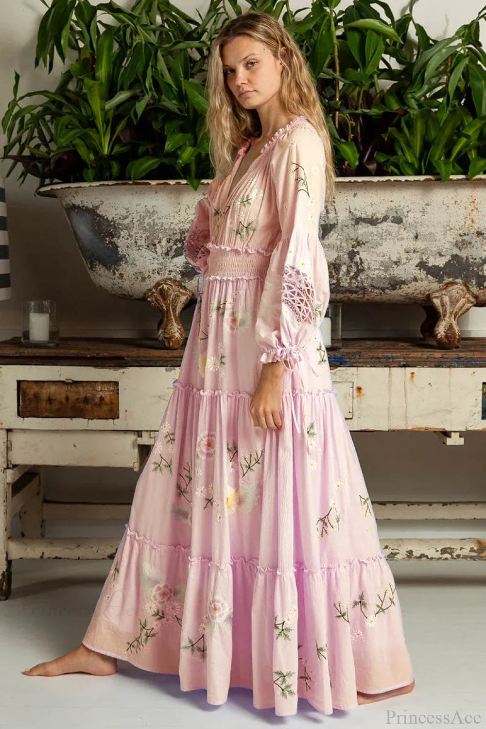 Pink Embroidery Floral Boho Long Sleeve Dress Purple / S