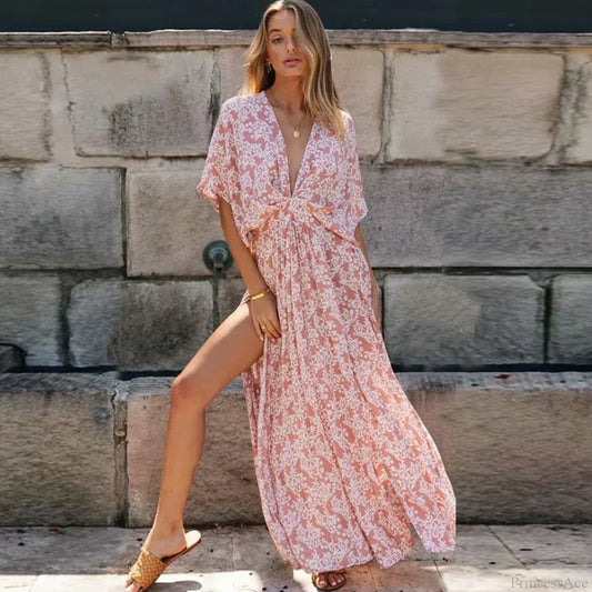 Pink Floral Maxi Dress Sexy Deep V-neck Side Split Boho Dress Pink / S bohodress-250126