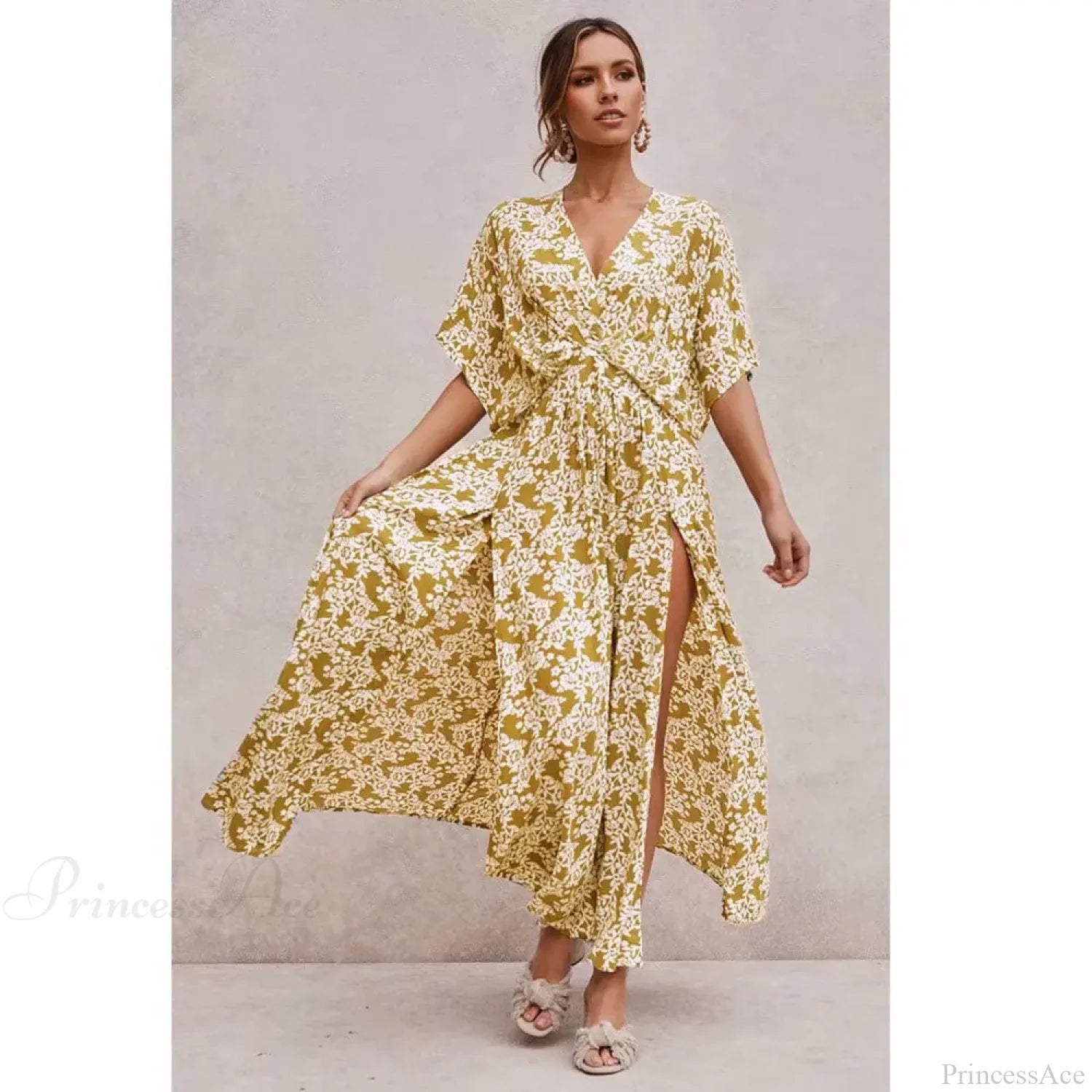 Pink Floral Maxi Dress Sexy Deep V-neck Side Split Boho Dress Yellow / S bohodress-250126