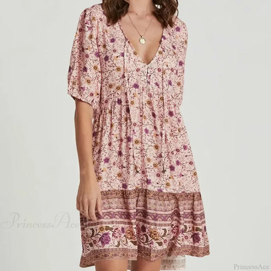 Pink Floral Print Robe A-line Mini Dress Women Beach Boho Summer Dress Pink / S bohodress-250126