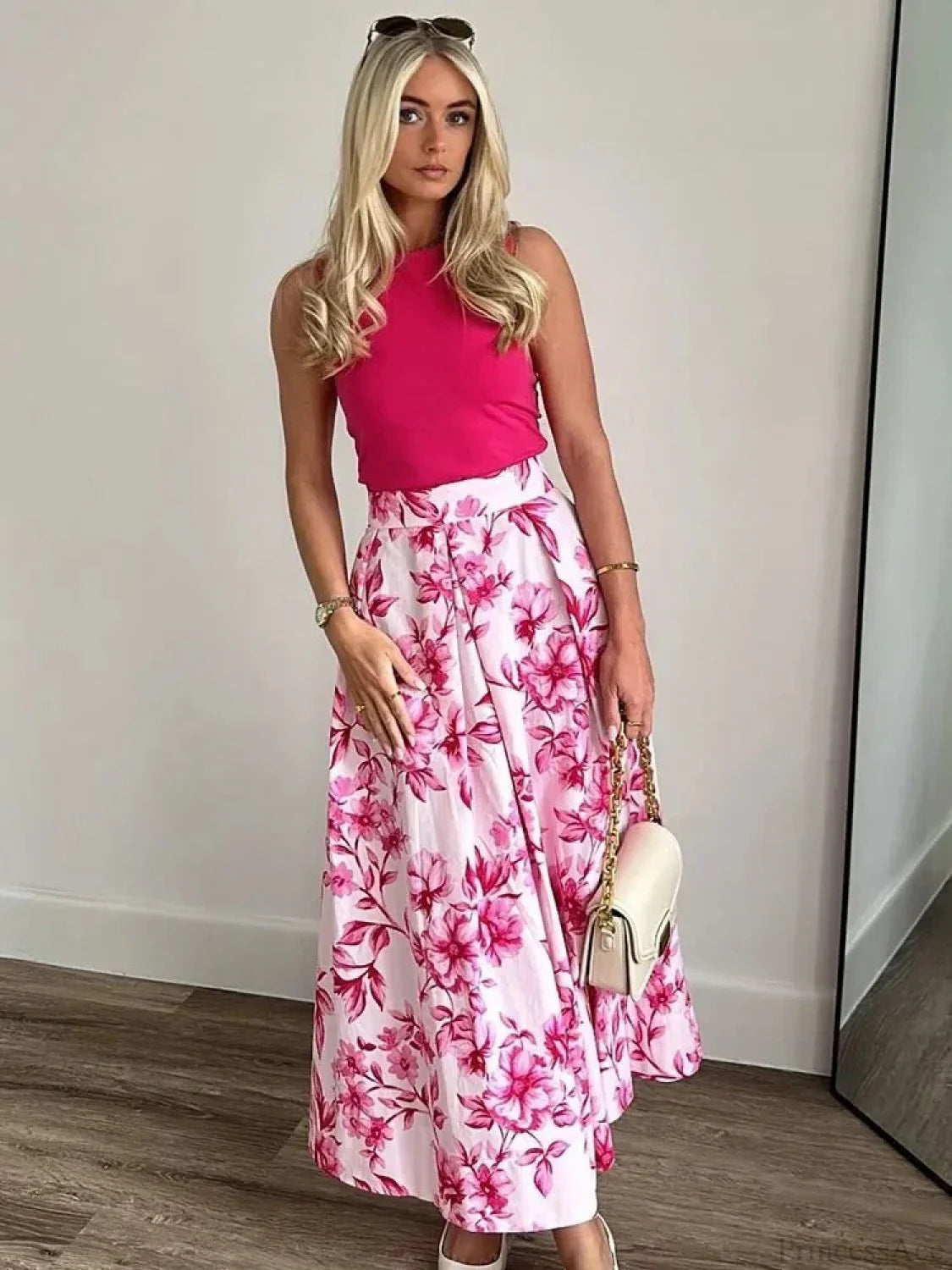 Pink Floral Printed Casual Pleated Skirt High Waist Zip skirt-250126