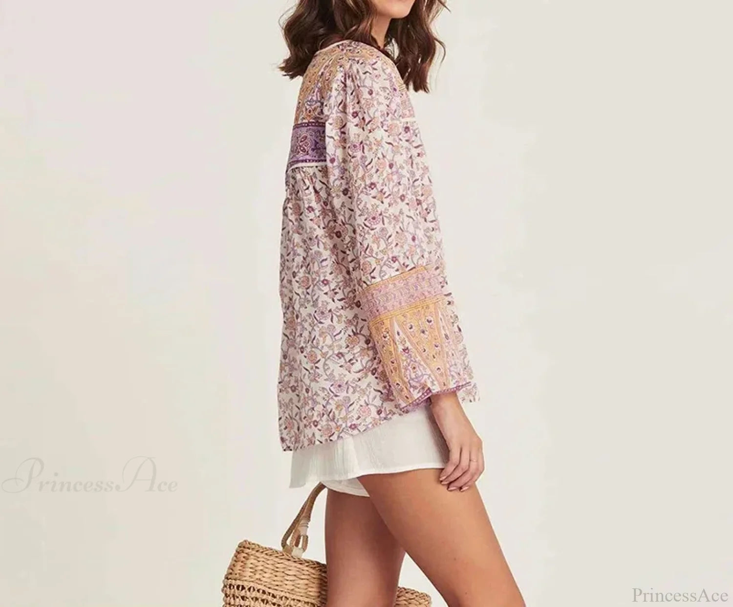 Pink Floral Printed Loose Long Sleeve Boho Blouse bohoblouse-250126