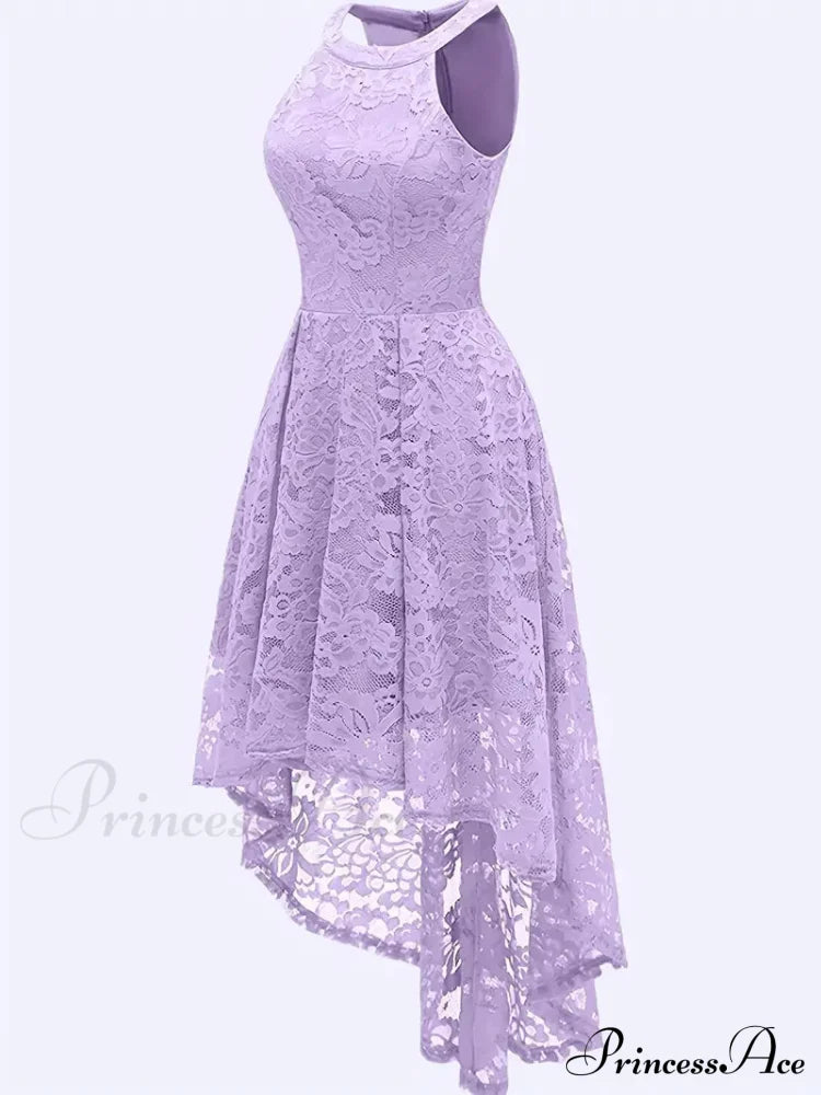 Pink Lace High Low Dipped Hem Party Dress With Halter S / Lace Pink High Low Dress