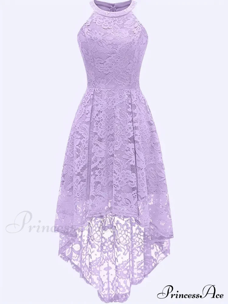 Pink Lace High Low Dipped Hem Party Dress With Halter S / Champagne Lace Pink High Low Dress